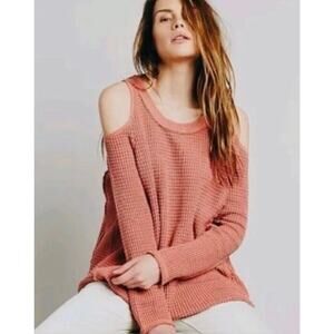 Free People Womens L Salmon Sunrise Cold Shoulder Oversized Waffle knit Sweater
